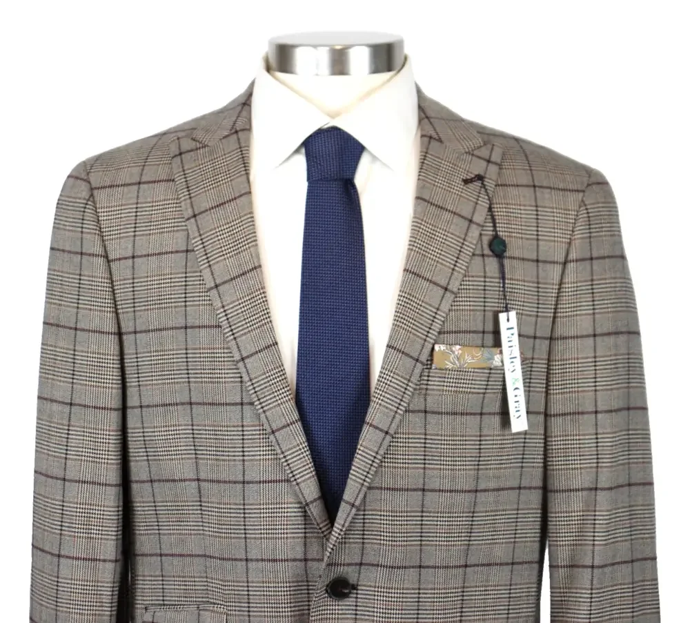 Paisley & Gray Sport Coat Mens 44 R Slim Fit Tan Burgundy Plaid Blazer Jacket